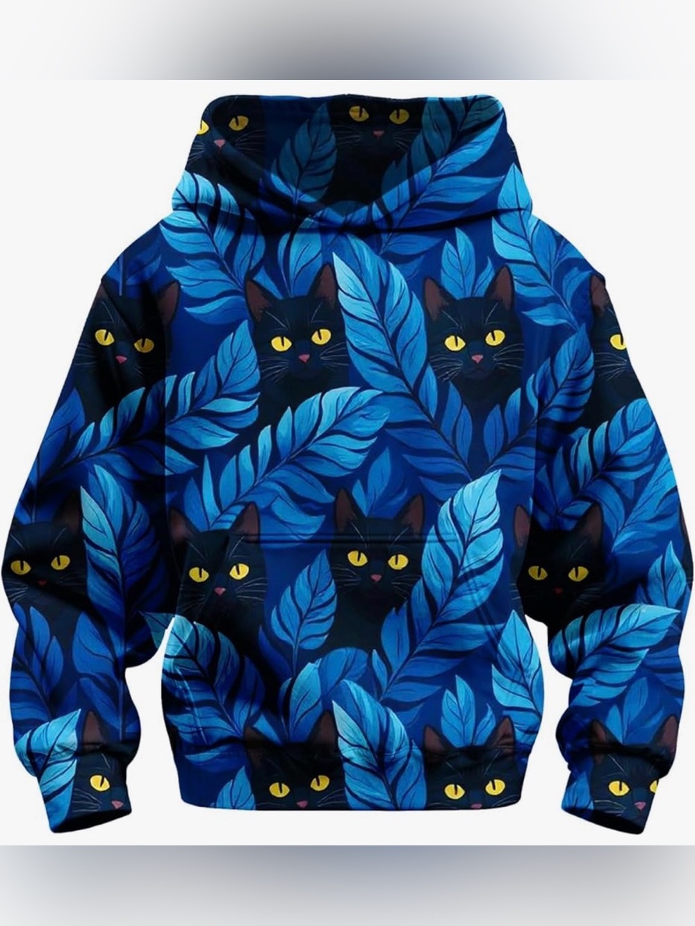 Vibrant Blue 3D Cat & Leaf Print Unisex Kids Hoodie Size 140 (8-12Y) New!!! - Picture 4 of 7